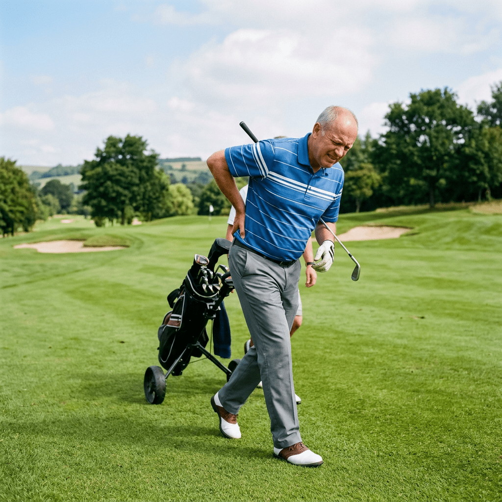 Older man in blue striped polo holding his lower back in pain while walking on a golf course